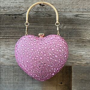 Ramla Pink Rhinestone Heart Shaped Clutch / Crossbody with Gold Hardware